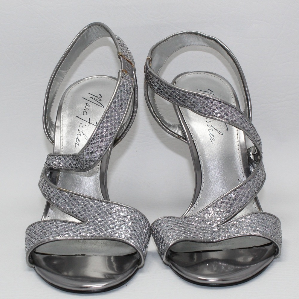 Marc Fisher Geena Silver Metallic Glitter Strappy Stiletto Sandals 7M MFGEENA4